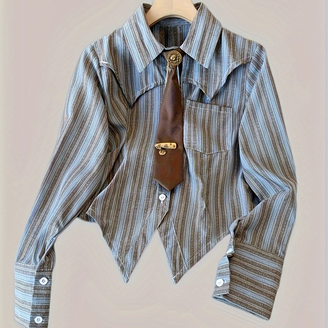 Women's Retro Collar Striped Shirt with Tie-Waist - Blue Grey White Horizontal Stripes Long Sleeve Blouse, Button Front Fall 2024 Collection, Ladies Blouses