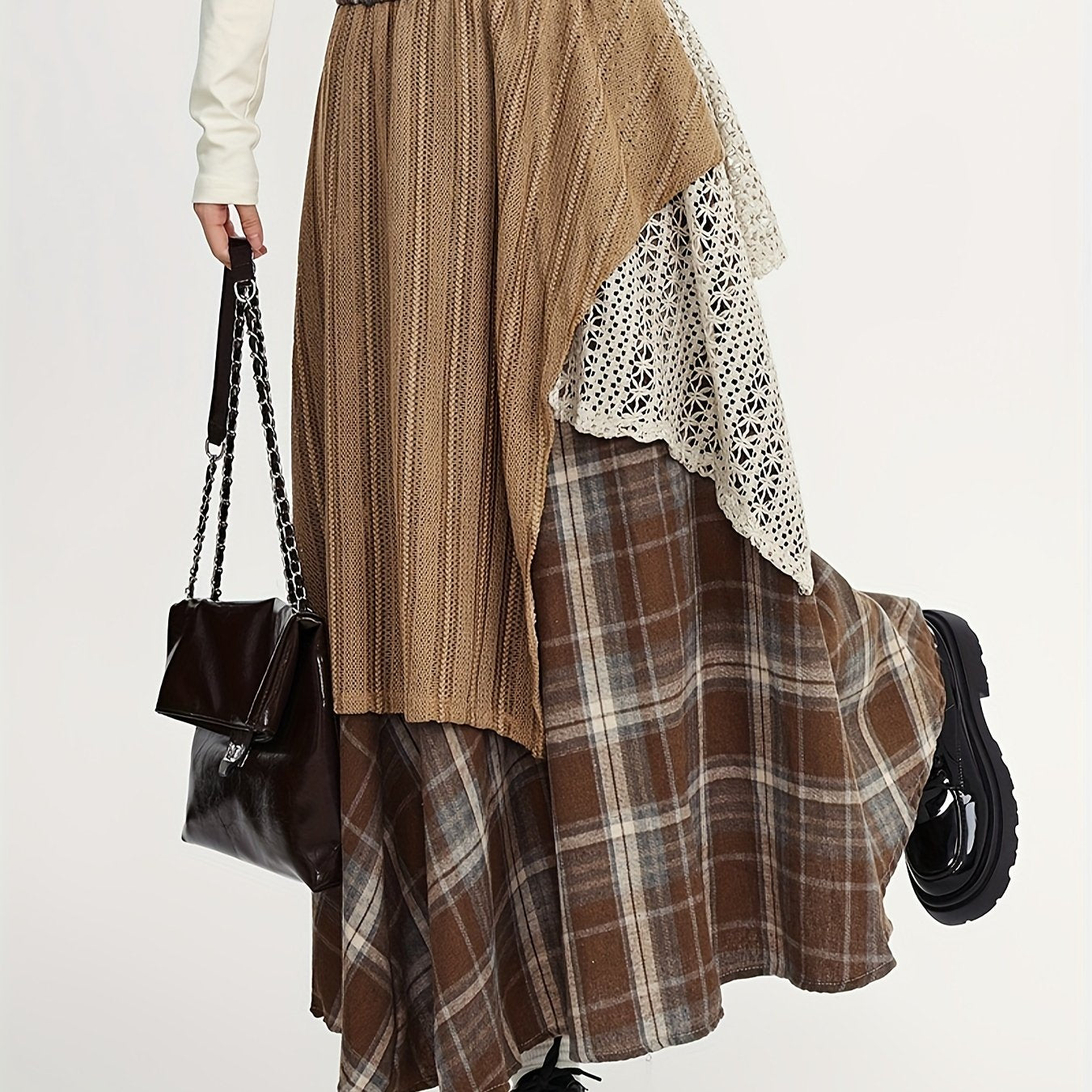 Women'S Asymmetrical A-Line Long Skirt, Fall/Winter Collection, Color Block Tribal Plaid Pattern, Elastic Waist, Regular Fit, Rayon/Viscose Blend (50% Rayon, 50% Polyester), Woven, with Belt Option