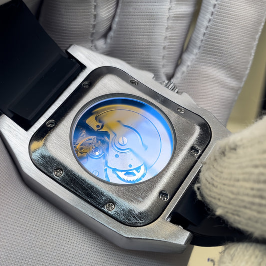 1pc Classic Business Style Men'S Mechanical Watch, Roman Numeral Dial, Square Zinc Alloy Case, Self-Winding Movement, Rubber Strap, Date Feature with Blue Pointer, No Battery - Elegant Gift for Men