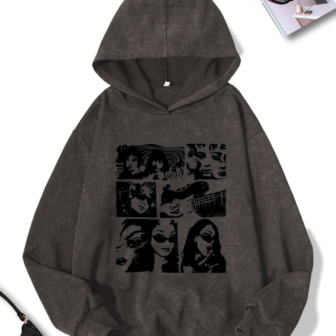 Women's Casual Polyester Hoodie with Geometric Applique - 100% Polyester Knit Fabric, Vintage Washed Fall/Winter Hooded Sweatshirt with Fashion Print