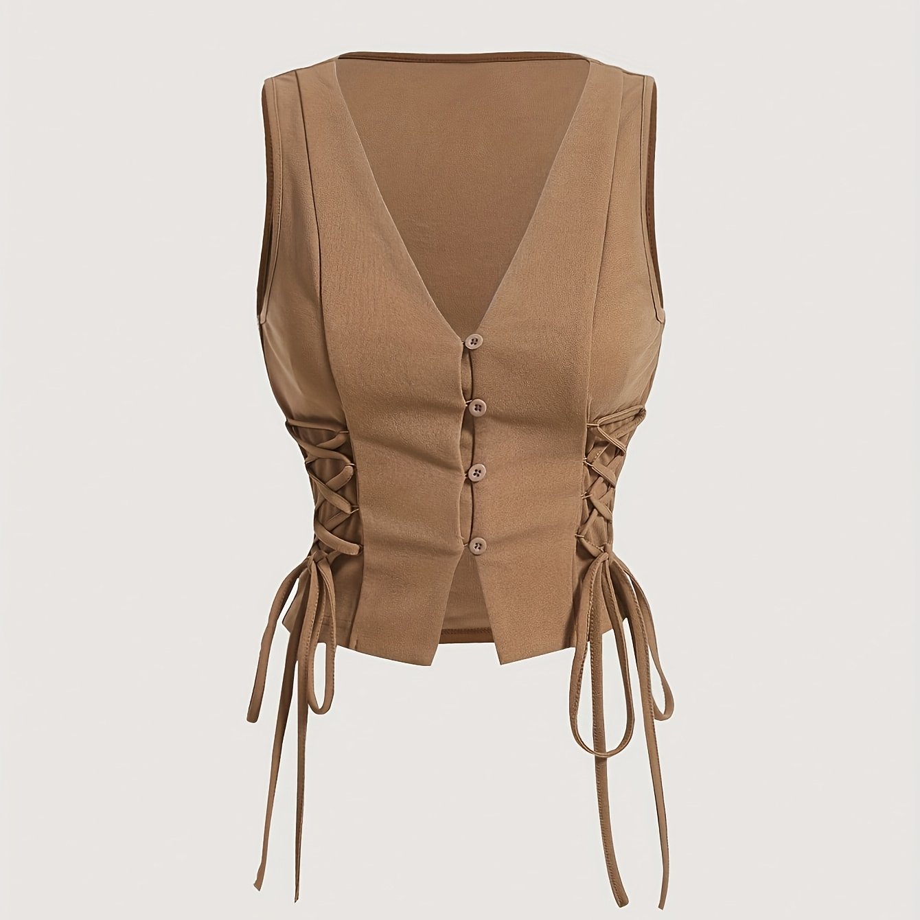 Elegant Direction Women's Sleeveless Vest - V-Neck Padded Shoulders with Adjustable Lacing Detail, Machine Washable Solid Color for Spring Summer Fall, Versatile Layering Piece for Casual & Formal Outfits, Seasonal Fashion, M