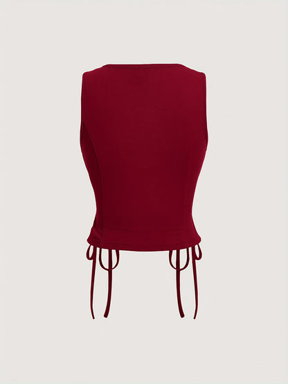Elegant Direction Women's Sleeveless Vest - V-Neck Padded Shoulders with Adjustable Lacing Detail, Machine Washable Solid Color for Spring Summer Fall, Versatile Layering Piece for Casual & Formal Outfits, Seasonal Fashion, M