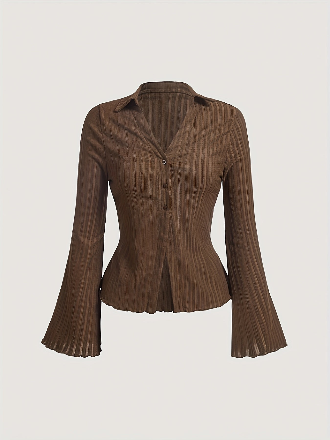 Y2K Women's Brown Bell Sleeve Blouse with Wave Trim - Button-Front Cardigan Style Shirt, Machine Washable Solid Color Top for All-Season Wear, Elegant Long Sleeve Button Blouses, Versatile Fashion, Floral Collar Design, Quali