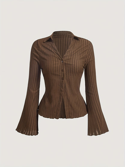 Y2K Women's Brown Bell Sleeve Blouse with Wave Trim - Button-Front Cardigan Style Shirt, Machine Washable Solid Color Top for All-Season Wear, Elegant Long Sleeve Button Blouses, Versatile Fashion, Floral Collar Design, Quali