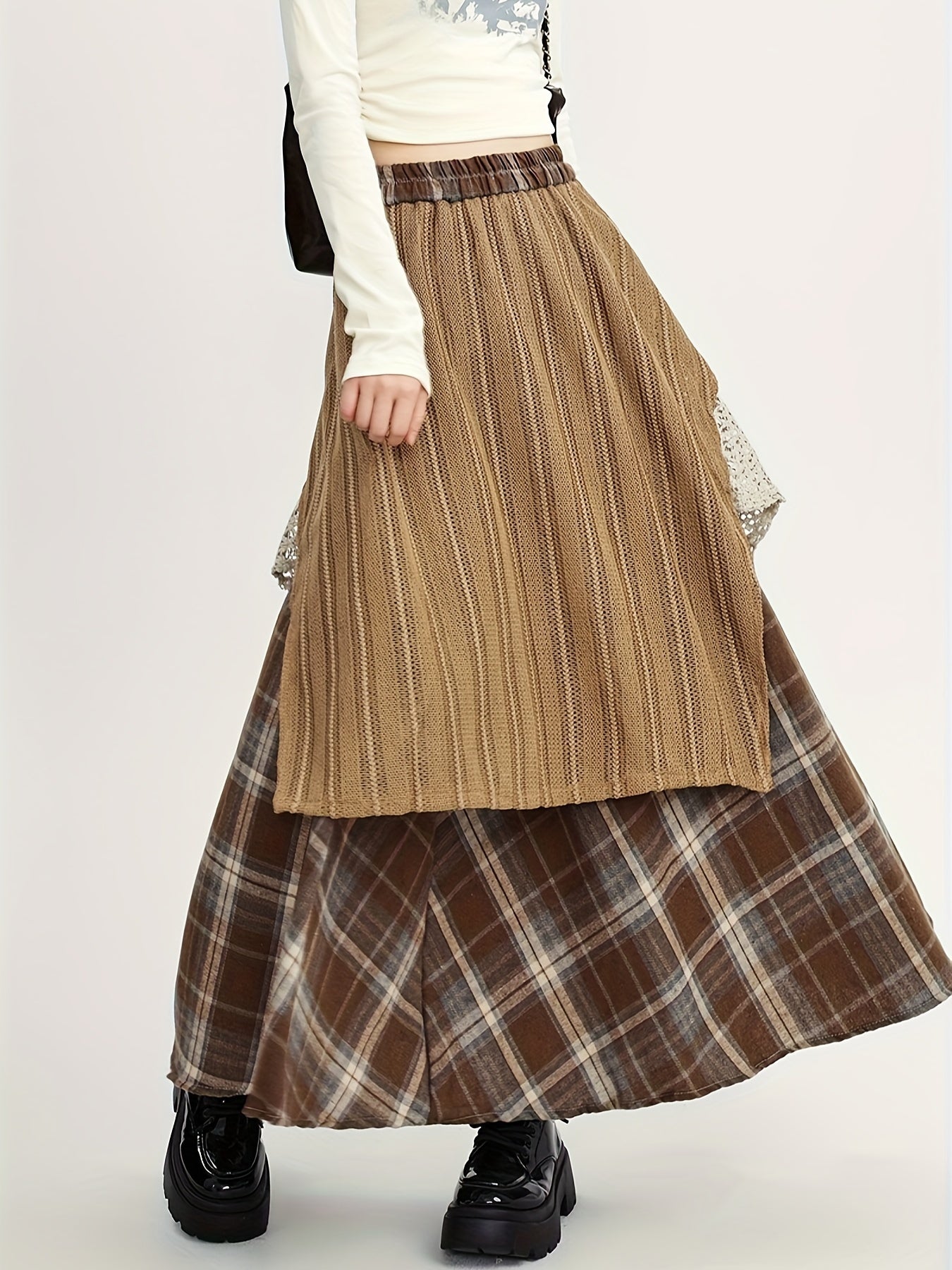 Women'S Asymmetrical A-Line Long Skirt, Fall/Winter Collection, Color Block Tribal Plaid Pattern, Elastic Waist, Regular Fit, Rayon/Viscose Blend (50% Rayon, 50% Polyester), Woven, with Belt Option