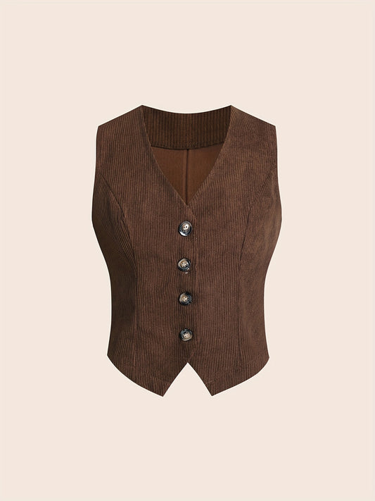 Solid Button Front Vest Suit Jacket Corduroy