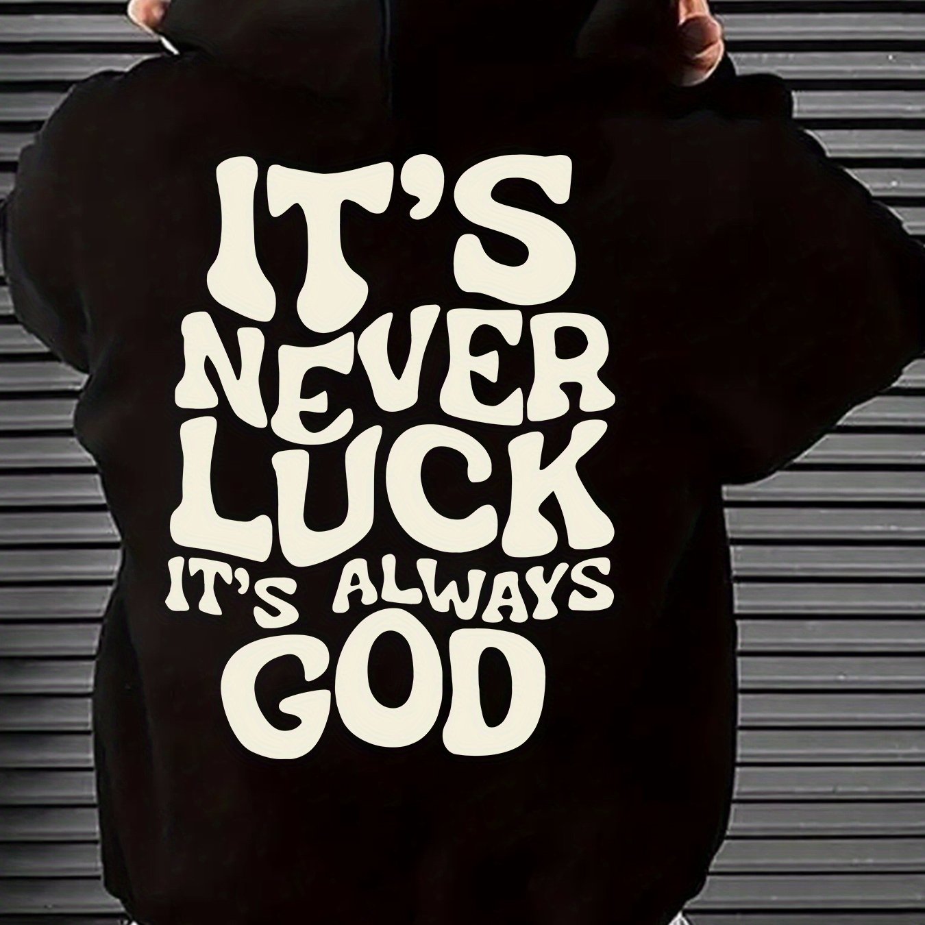 Men's Navy Blue Hooded Sweatshirt - "IT's NEVER LUCK IT's ALWAYS GOD" Print, Casual Polyester Knit, Long Sleeve with Kangaroo Pocket, Machine Washable for Spring & Autumn