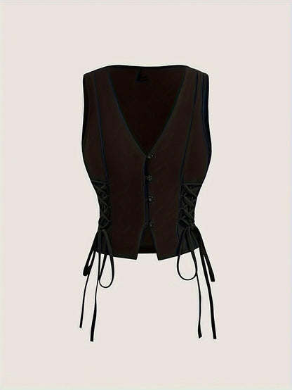 Elegant Direction Women's Sleeveless Vest - V-Neck Padded Shoulders with Adjustable Lacing Detail, Machine Washable Solid Color for Spring Summer Fall, Versatile Layering Piece for Casual & Formal Outfits, Seasonal Fashion, M