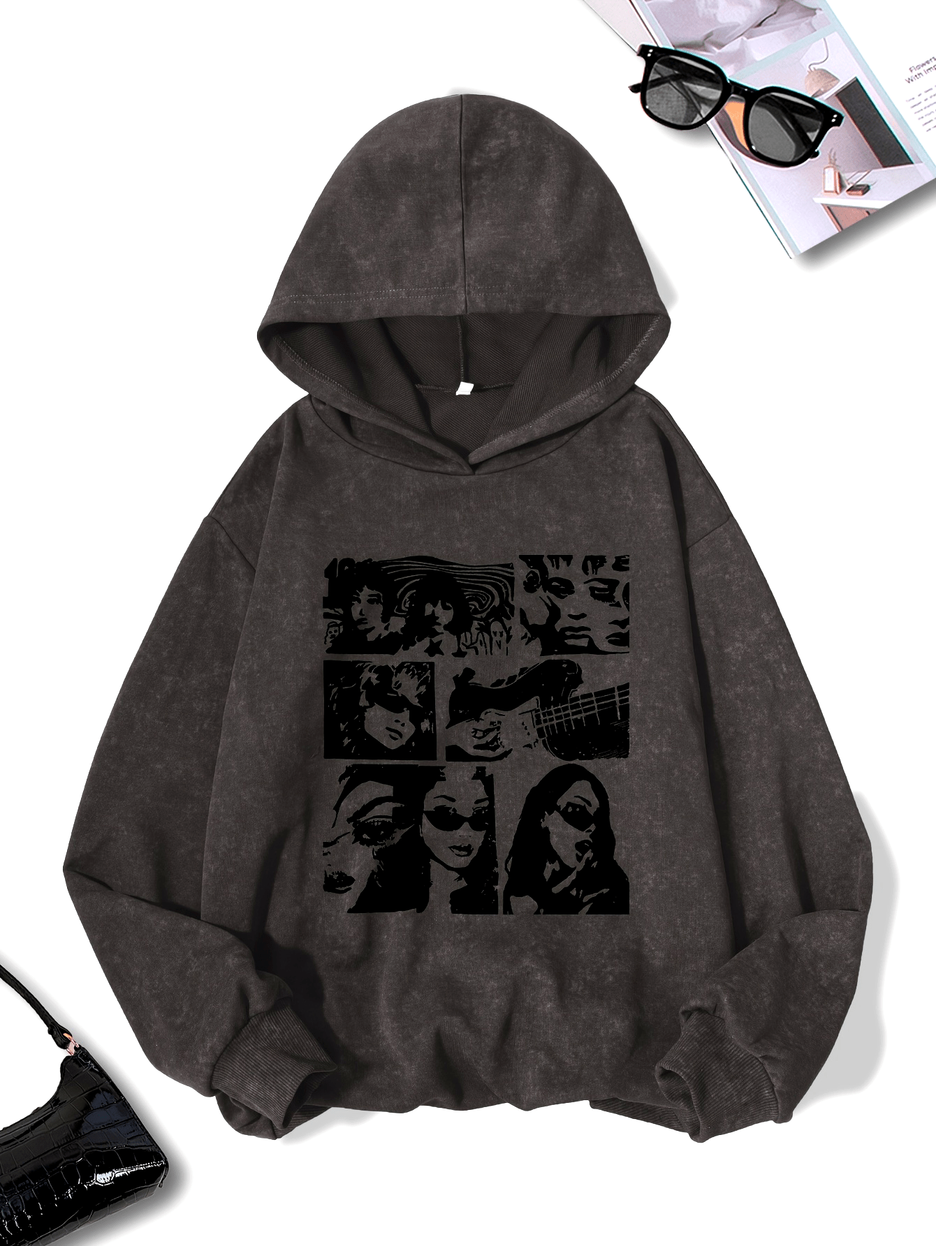 Women's Casual Polyester Hoodie with Geometric Applique - 100% Polyester Knit Fabric, Vintage Washed Fall/Winter Hooded Sweatshirt with Fashion Print