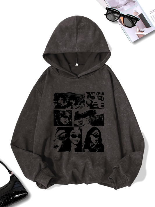 Women's Casual Polyester Hoodie with Geometric Applique - 100% Polyester Knit Fabric, Vintage Washed Fall/Winter Hooded Sweatshirt with Fashion Print
