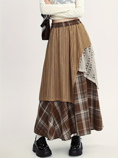 Women'S Asymmetrical A-Line Long Skirt, Fall/Winter Collection, Color Block Tribal Plaid Pattern, Elastic Waist, Regular Fit, Rayon/Viscose Blend (50% Rayon, 50% Polyester), Woven, with Belt Option