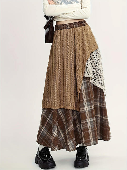 Women'S Asymmetrical A-Line Long Skirt, Fall/Winter Collection, Color Block Tribal Plaid Pattern, Elastic Waist, Regular Fit, Rayon/Viscose Blend (50% Rayon, 50% Polyester), Woven, with Belt Option