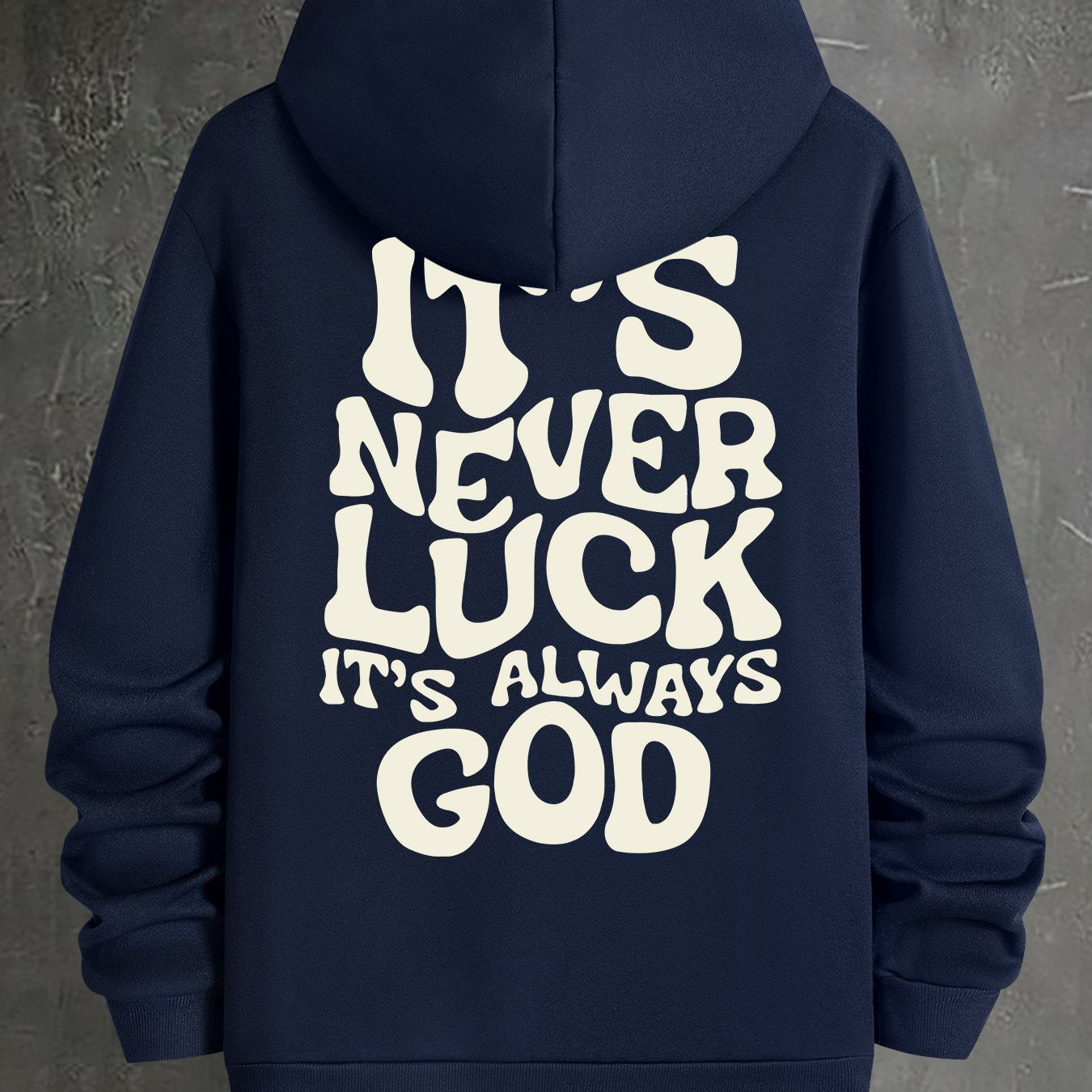 Men's Navy Blue Hooded Sweatshirt - "IT's NEVER LUCK IT's ALWAYS GOD" Print, Casual Polyester Knit, Long Sleeve with Kangaroo Pocket, Machine Washable for Spring & Autumn