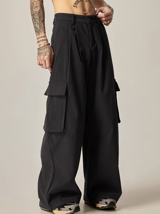 Comfortable Relaxed Fit Corduroy Cargo Pants for Men - Multiple Functional Pockets, Solid Color, Polyester Blend Fabric, Loose Style, Versatile Daily Wear