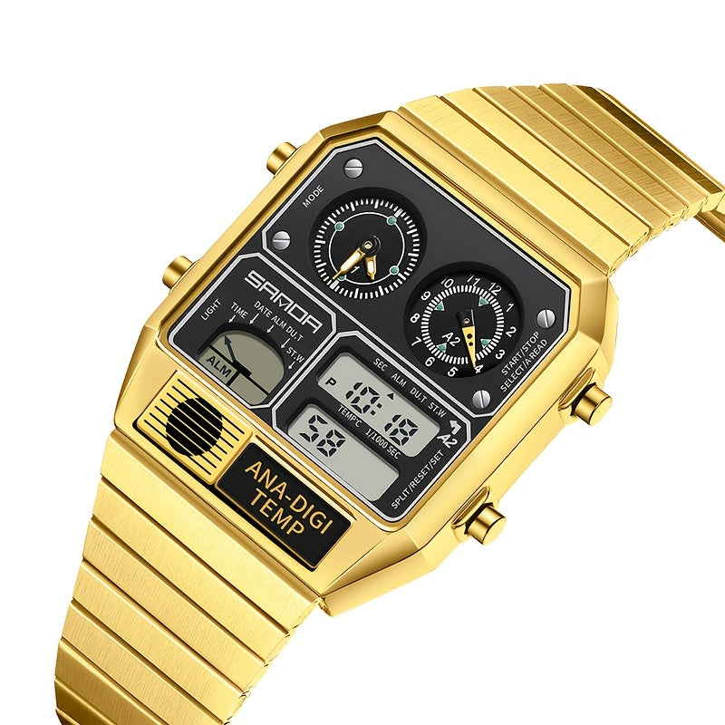 SANDA Men's Digital Performance Watch - Square Stainless Steel Band, Dual Display, Stopwatch, Alarm, 50m Water-Resistant, Multi-Functional with Temperature Measurement and Timing Features