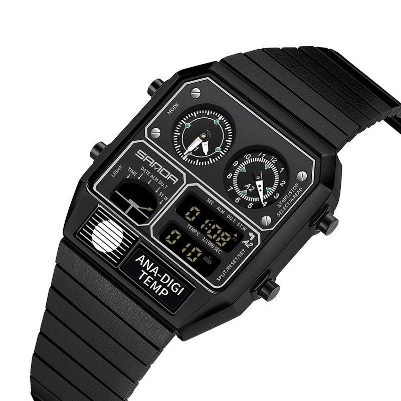 SANDA Men's Digital Performance Watch - Square Stainless Steel Band, Dual Display, Stopwatch, Alarm, 50m Water-Resistant, Multi-Functional with Temperature Measurement and Timing Features