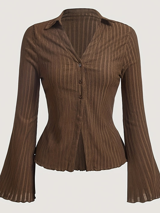 Y2K Women's Brown Bell Sleeve Blouse with Wave Trim - Button-Front Cardigan Style Shirt, Machine Washable Solid Color Top for All-Season Wear, Elegant Long Sleeve Button Blouses, Versatile Fashion, Floral Collar Design, Quali