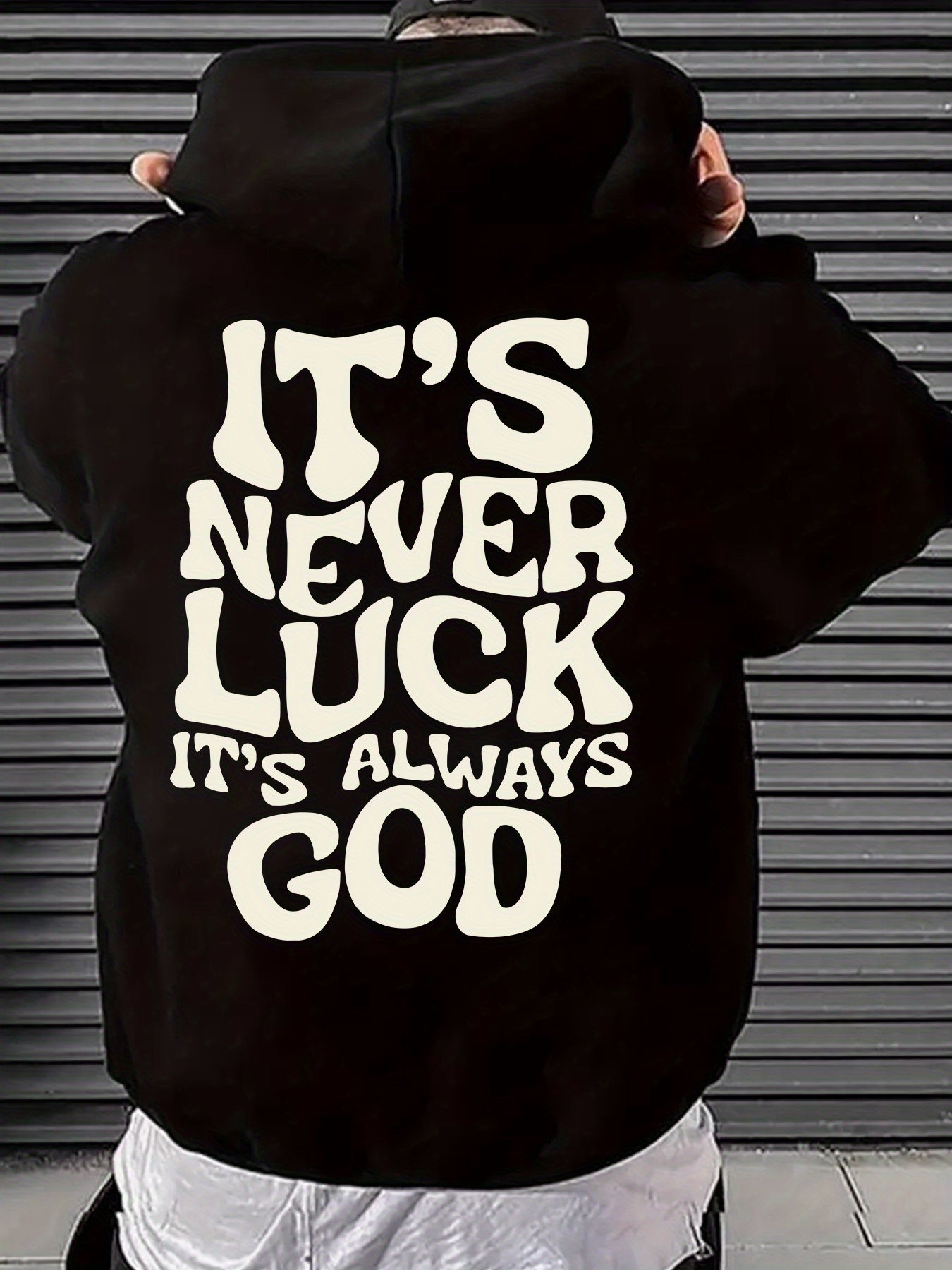 Men's Navy Blue Hooded Sweatshirt - "IT's NEVER LUCK IT's ALWAYS GOD" Print, Casual Polyester Knit, Long Sleeve with Kangaroo Pocket, Machine Washable for Spring & Autumn