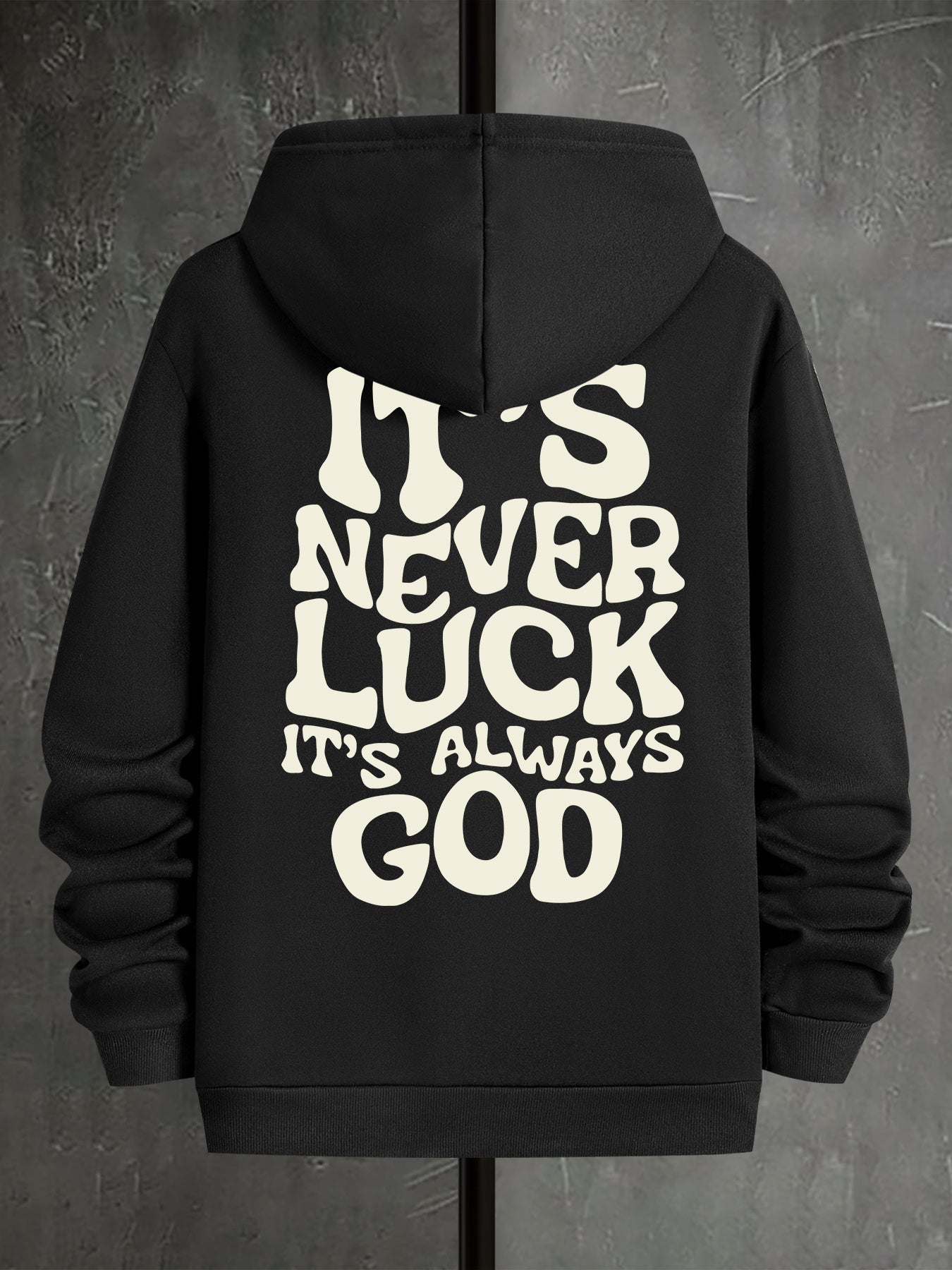 Men's Navy Blue Hooded Sweatshirt - "IT's NEVER LUCK IT's ALWAYS GOD" Print, Casual Polyester Knit, Long Sleeve with Kangaroo Pocket, Machine Washable for Spring & Autumn