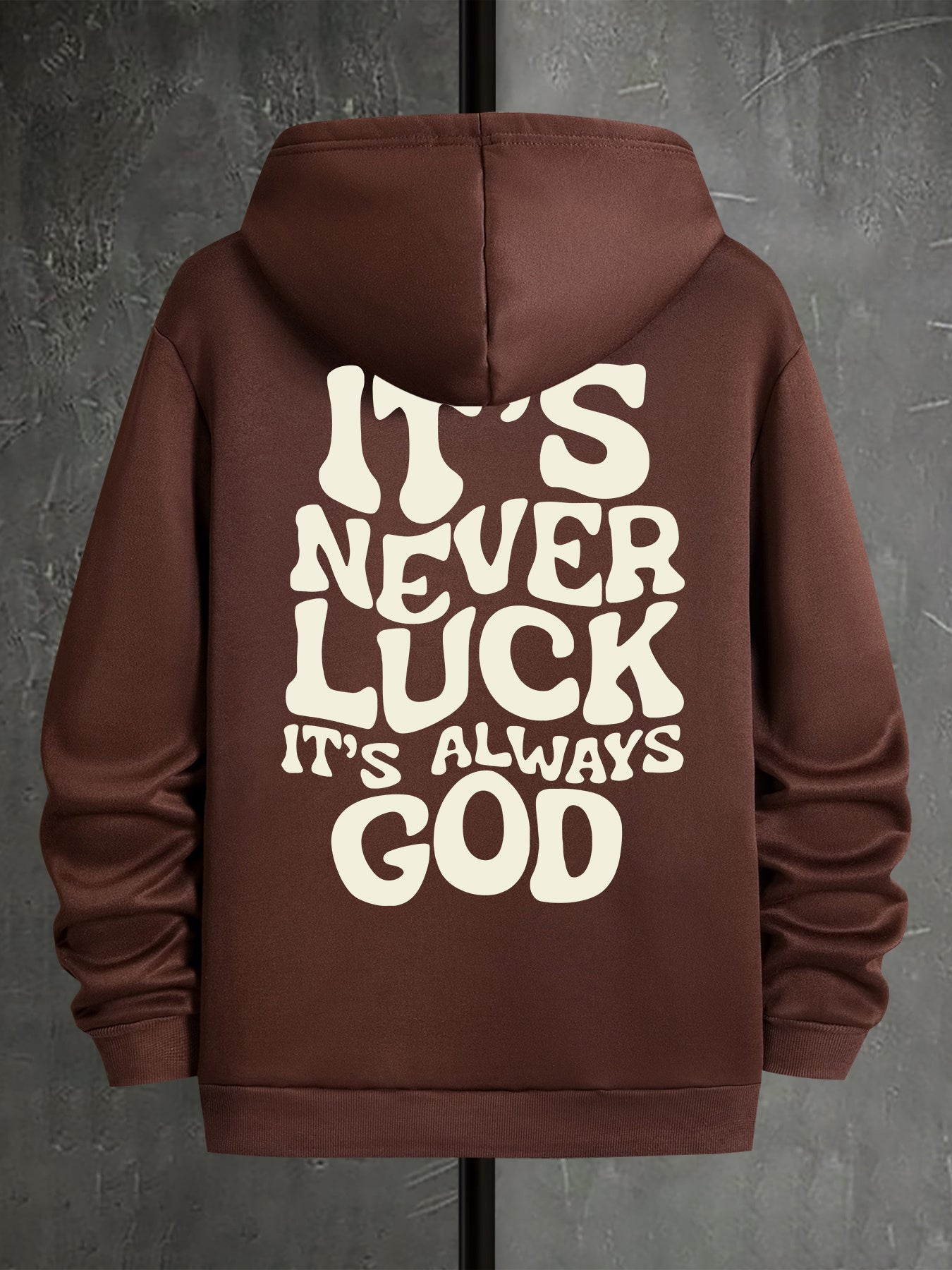 Men's Navy Blue Hooded Sweatshirt - "IT's NEVER LUCK IT's ALWAYS GOD" Print, Casual Polyester Knit, Long Sleeve with Kangaroo Pocket, Machine Washable for Spring & Autumn