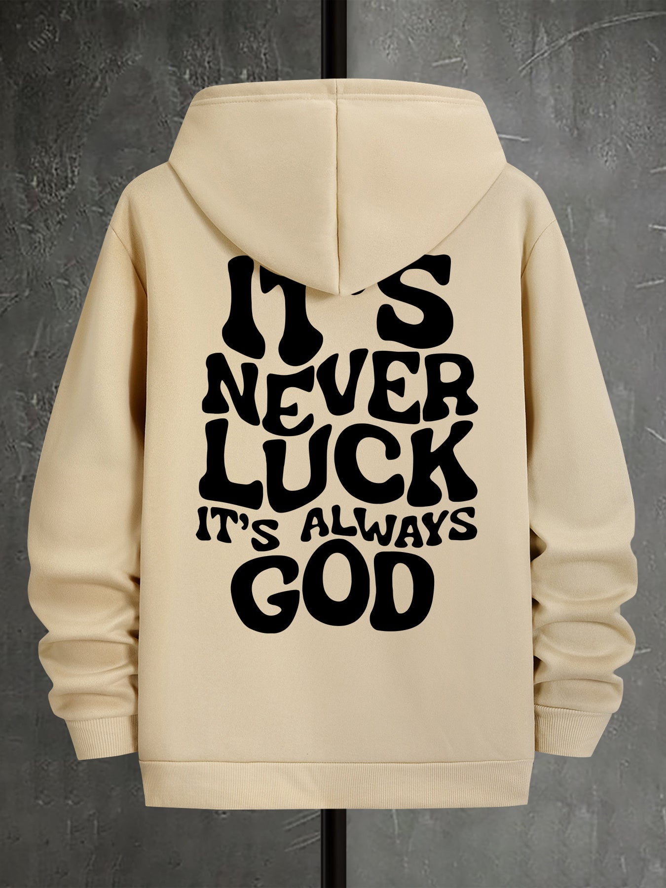 Men's Navy Blue Hooded Sweatshirt - "IT's NEVER LUCK IT's ALWAYS GOD" Print, Casual Polyester Knit, Long Sleeve with Kangaroo Pocket, Machine Washable for Spring & Autumn