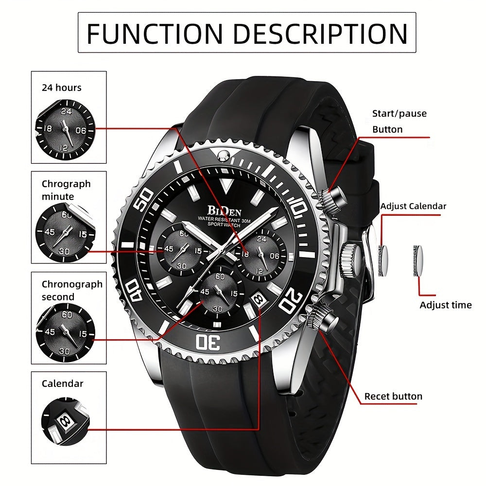Men'S Sports Watch - Lightweight Silicone Strap with 6-Hand Chronograph, Analog Quarts Movement, 30M Water Resistant, Stopwatch, Calendar, Zinc Alloy Case, Electronic Drive, Non-Rechargeable Button Battery, Perfect for Casual