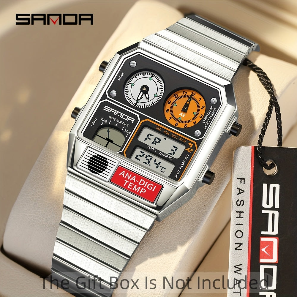 SANDA Men's Digital Performance Watch - Square Stainless Steel Band, Dual Display, Stopwatch, Alarm, 50m Water-Resistant, Multi-Functional with Temperature Measurement and Timing Features