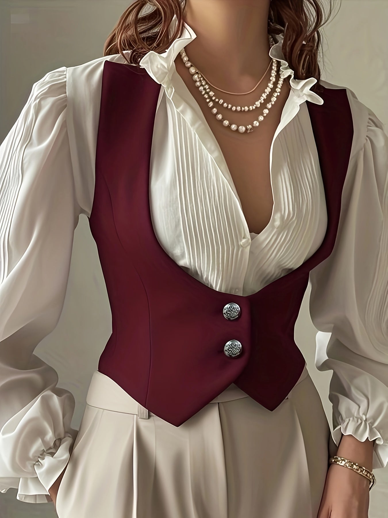 Elegant Women'S Black V-Neck Vest with Pearl Detail - Casual Polyester Sleeveless Jacket, All-Season Wear