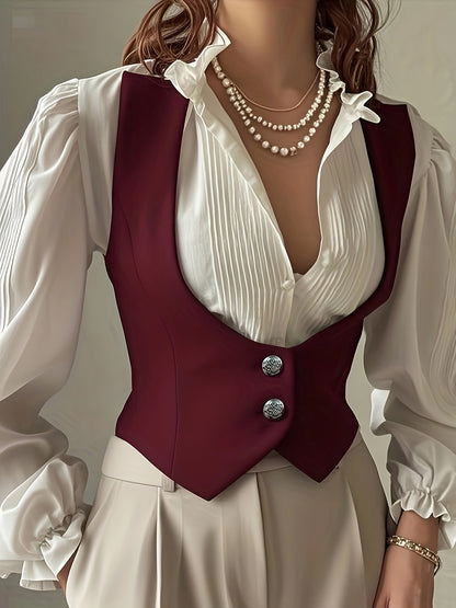 Elegant Women'S Black V-Neck Vest with Pearl Detail - Casual Polyester Sleeveless Jacket, All-Season Wear