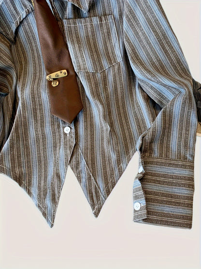Women's Retro Collar Striped Shirt with Tie-Waist - Blue Grey White Horizontal Stripes Long Sleeve Blouse, Button Front Fall 2024 Collection, Ladies Blouses