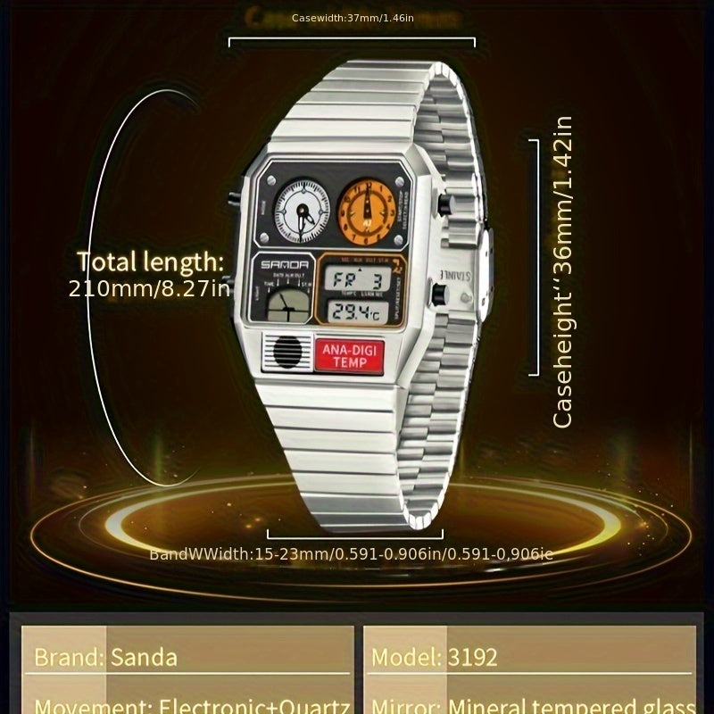 SANDA Men's Digital Performance Watch - Square Stainless Steel Band, Dual Display, Stopwatch, Alarm, 50m Water-Resistant, Multi-Functional with Temperature Measurement and Timing Features