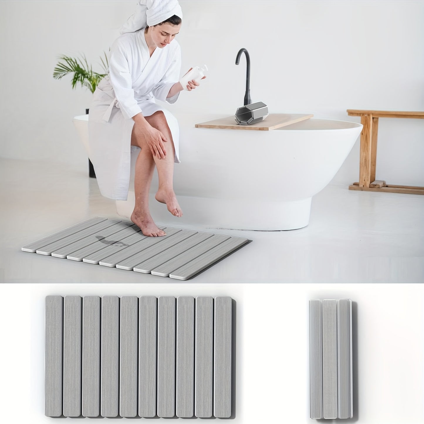 Foldable Stone Bath Mat - Super Absorbent Diatomaceous Earth, Non-Slip Quick-Drying, Easy to Clean, Compact & Space-Saving for Bathroom, Striped Design, Gray, Quickdrying Mat | Sleek Bath Accessory | PVC Backed Mat, Bathroom