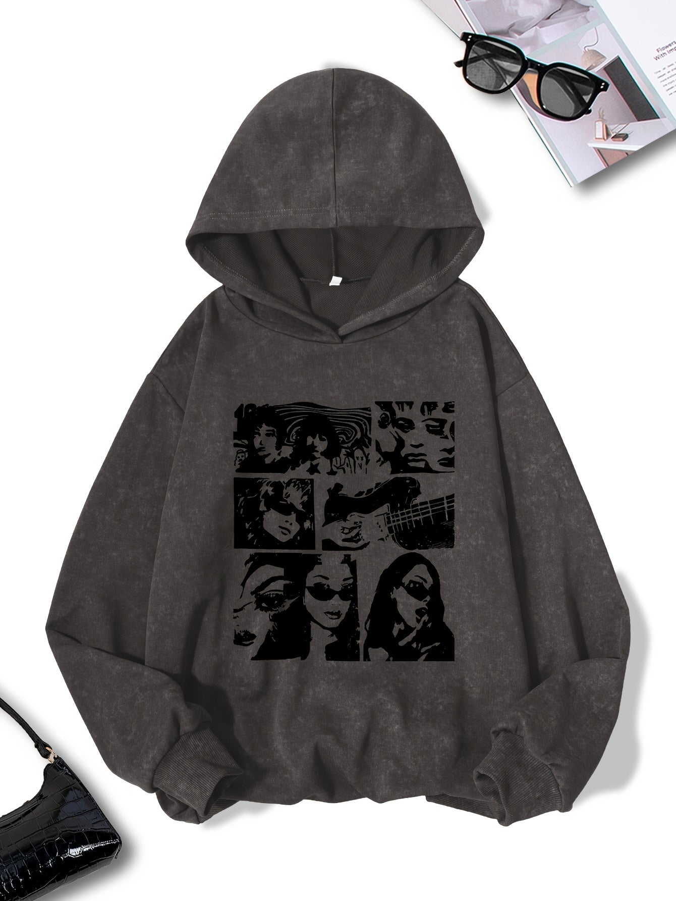 Women's Casual Polyester Hoodie with Geometric Applique - 100% Polyester Knit Fabric, Vintage Washed Fall/Winter Hooded Sweatshirt with Fashion Print