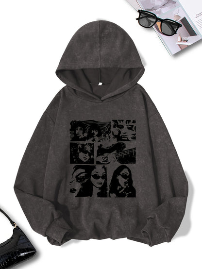 Women's Casual Polyester Hoodie with Geometric Applique - 100% Polyester Knit Fabric, Vintage Washed Fall/Winter Hooded Sweatshirt with Fashion Print