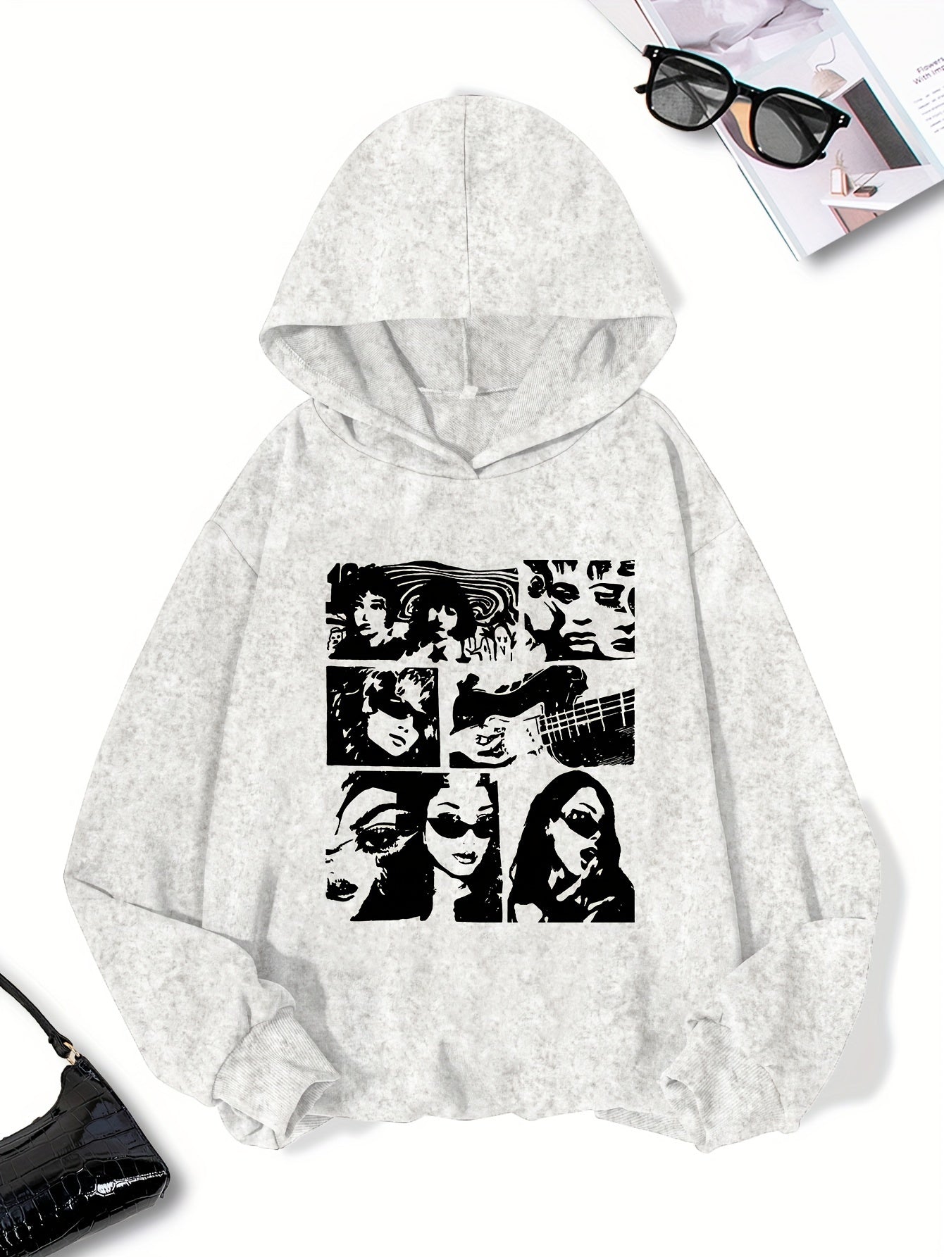 Women's Casual Polyester Hoodie with Geometric Applique - 100% Polyester Knit Fabric, Vintage Washed Fall/Winter Hooded Sweatshirt with Fashion Print