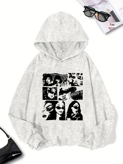 Women's Casual Polyester Hoodie with Geometric Applique - 100% Polyester Knit Fabric, Vintage Washed Fall/Winter Hooded Sweatshirt with Fashion Print
