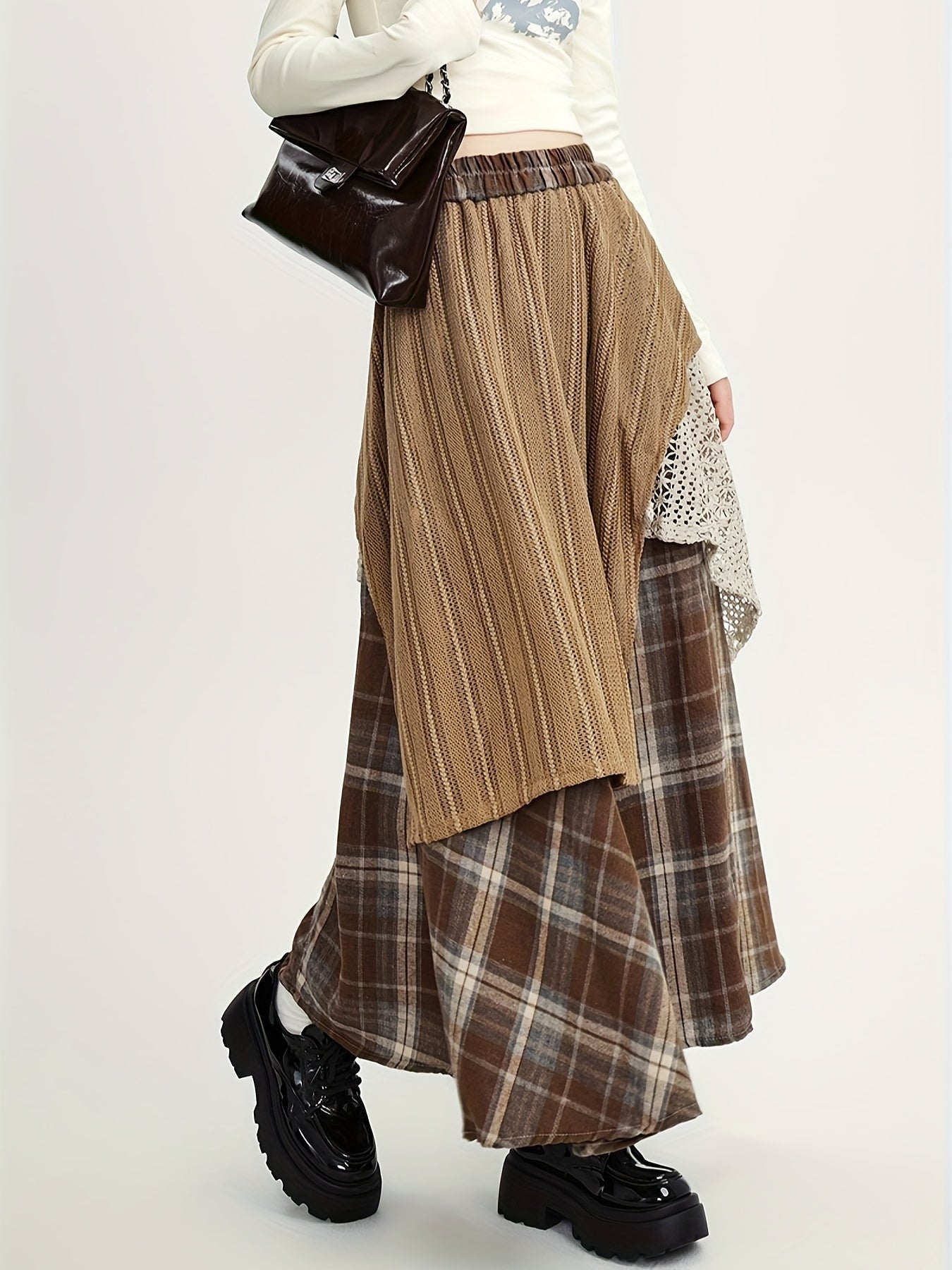 Women'S Asymmetrical A-Line Long Skirt, Fall/Winter Collection, Color Block Tribal Plaid Pattern, Elastic Waist, Regular Fit, Rayon/Viscose Blend (50% Rayon, 50% Polyester), Woven, with Belt Option