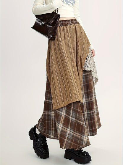 Women'S Asymmetrical A-Line Long Skirt, Fall/Winter Collection, Color Block Tribal Plaid Pattern, Elastic Waist, Regular Fit, Rayon/Viscose Blend (50% Rayon, 50% Polyester), Woven, with Belt Option