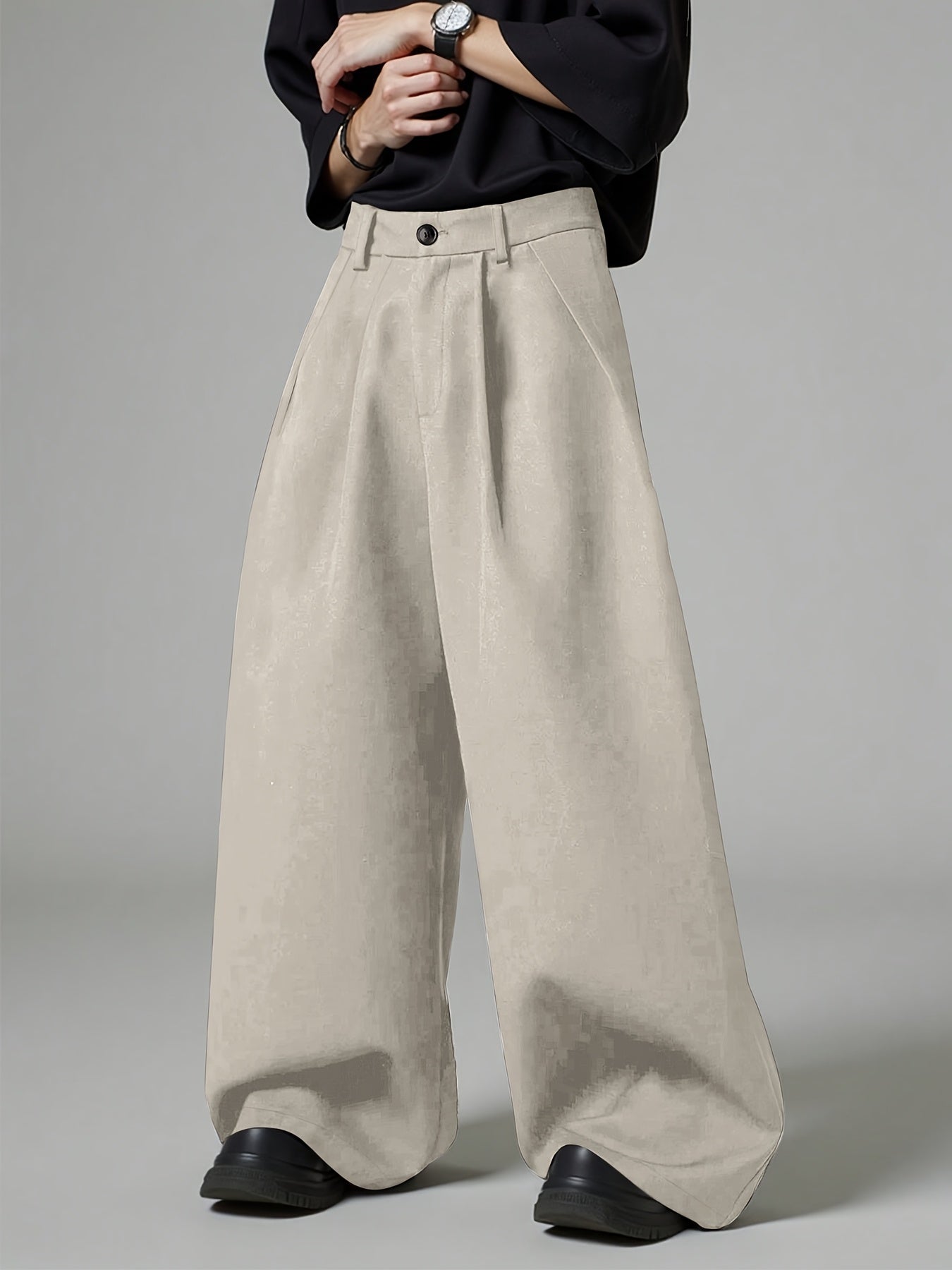 Men'S Loose Fit Solid Color Wide Leg Pants with Pockets - Casual, Soft, and Comfortable for Spring, Street Style, Casual Wear Pants|Wide Leg Trousers|Nonstretch Fabric