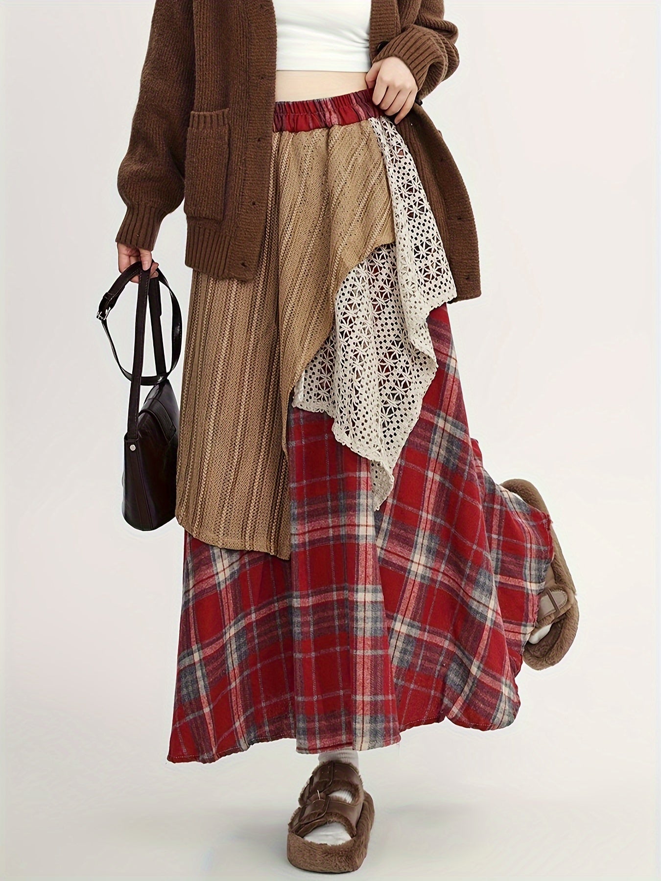 Women'S Asymmetrical A-Line Long Skirt, Fall/Winter Collection, Color Block Tribal Plaid Pattern, Elastic Waist, Regular Fit, Rayon/Viscose Blend (50% Rayon, 50% Polyester), Woven, with Belt Option