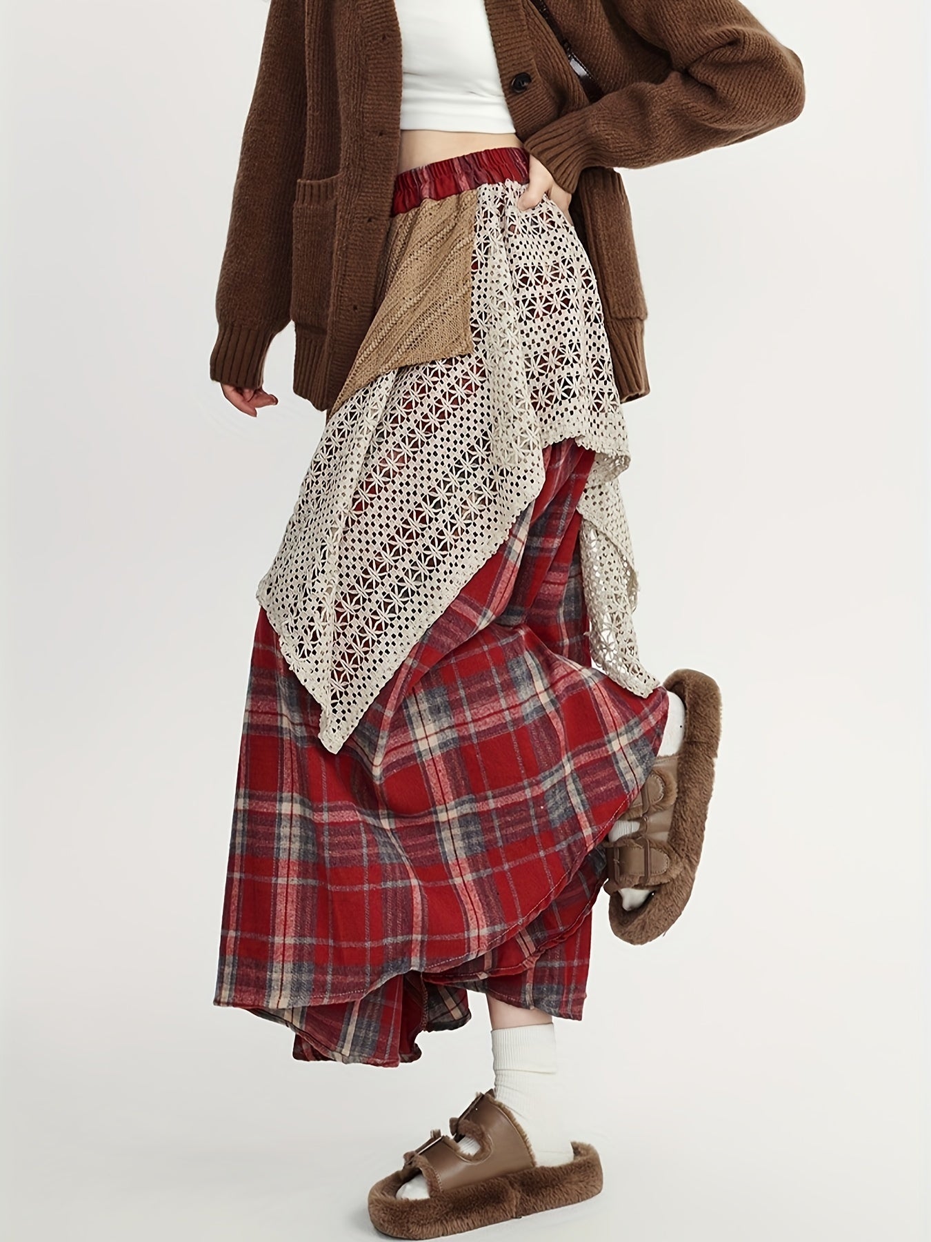Women'S Asymmetrical A-Line Long Skirt, Fall/Winter Collection, Color Block Tribal Plaid Pattern, Elastic Waist, Regular Fit, Rayon/Viscose Blend (50% Rayon, 50% Polyester), Woven, with Belt Option