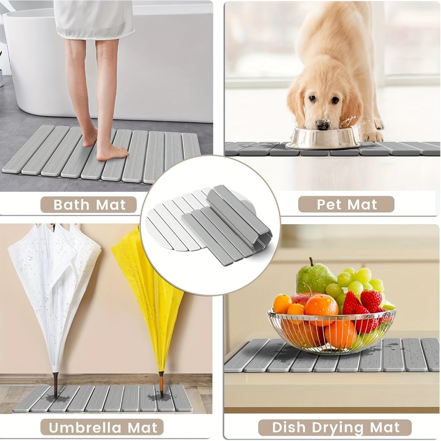 Foldable Stone Bath Mat - Super Absorbent Diatomaceous Earth, Non-Slip Quick-Drying, Easy to Clean, Compact & Space-Saving for Bathroom, Striped Design, Gray, Quickdrying Mat | Sleek Bath Accessory | PVC Backed Mat, Bathroom