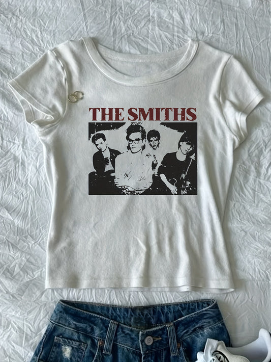 Women's The Smiths Graphic Oversized Short Sleeve T-Shirt - Retro Vintage Band Tee with Geometric Print, White & Black Streetwear Top, Machine Washable Casual Shirt for Casual Attire, Ladies T Shirts