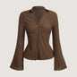 Y2K Women's Brown Bell Sleeve Blouse with Wave Trim - Button-Front Cardigan Style Shirt, Machine Washable Solid Color Top for All-Season Wear, Elegant Long Sleeve Button Blouses, Versatile Fashion, Floral Collar Design, Quali