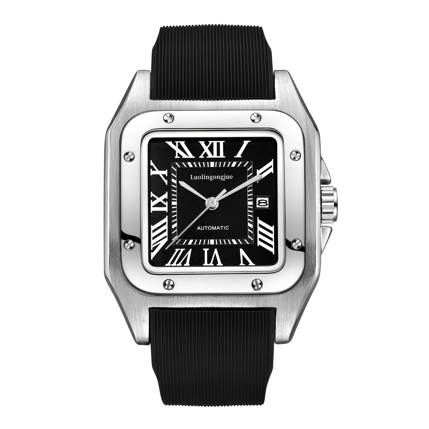 1pc Classic Business Style Men'S Mechanical Watch, Roman Numeral Dial, Square Zinc Alloy Case, Self-Winding Movement, Rubber Strap, Date Feature with Blue Pointer, No Battery - Elegant Gift for Men