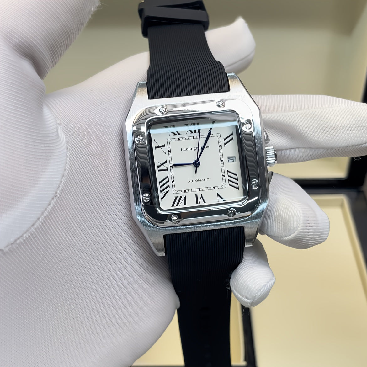 1pc Classic Business Style Men'S Mechanical Watch, Roman Numeral Dial, Square Zinc Alloy Case, Self-Winding Movement, Rubber Strap, Date Feature with Blue Pointer, No Battery - Elegant Gift for Men