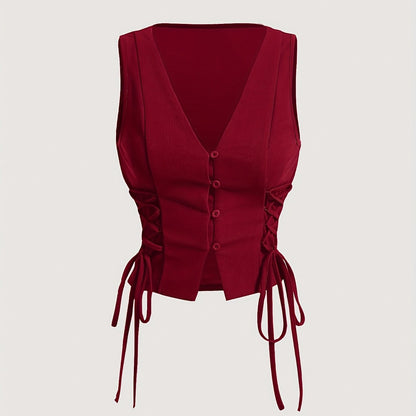 Elegant Direction Women's Sleeveless Vest - V-Neck Padded Shoulders with Adjustable Lacing Detail, Machine Washable Solid Color for Spring Summer Fall, Versatile Layering Piece for Casual & Formal Outfits, Seasonal Fashion, M