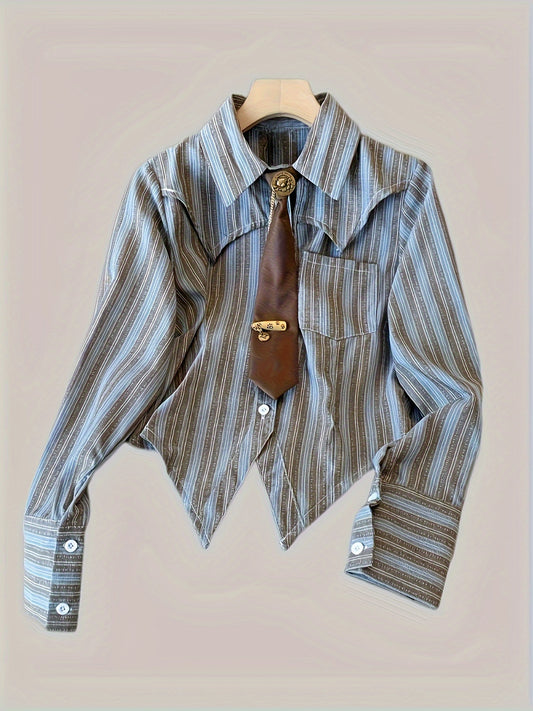 Women's Retro Collar Striped Shirt with Tie-Waist - Blue Grey White Horizontal Stripes Long Sleeve Blouse, Button Front Fall 2024 Collection, Ladies Blouses