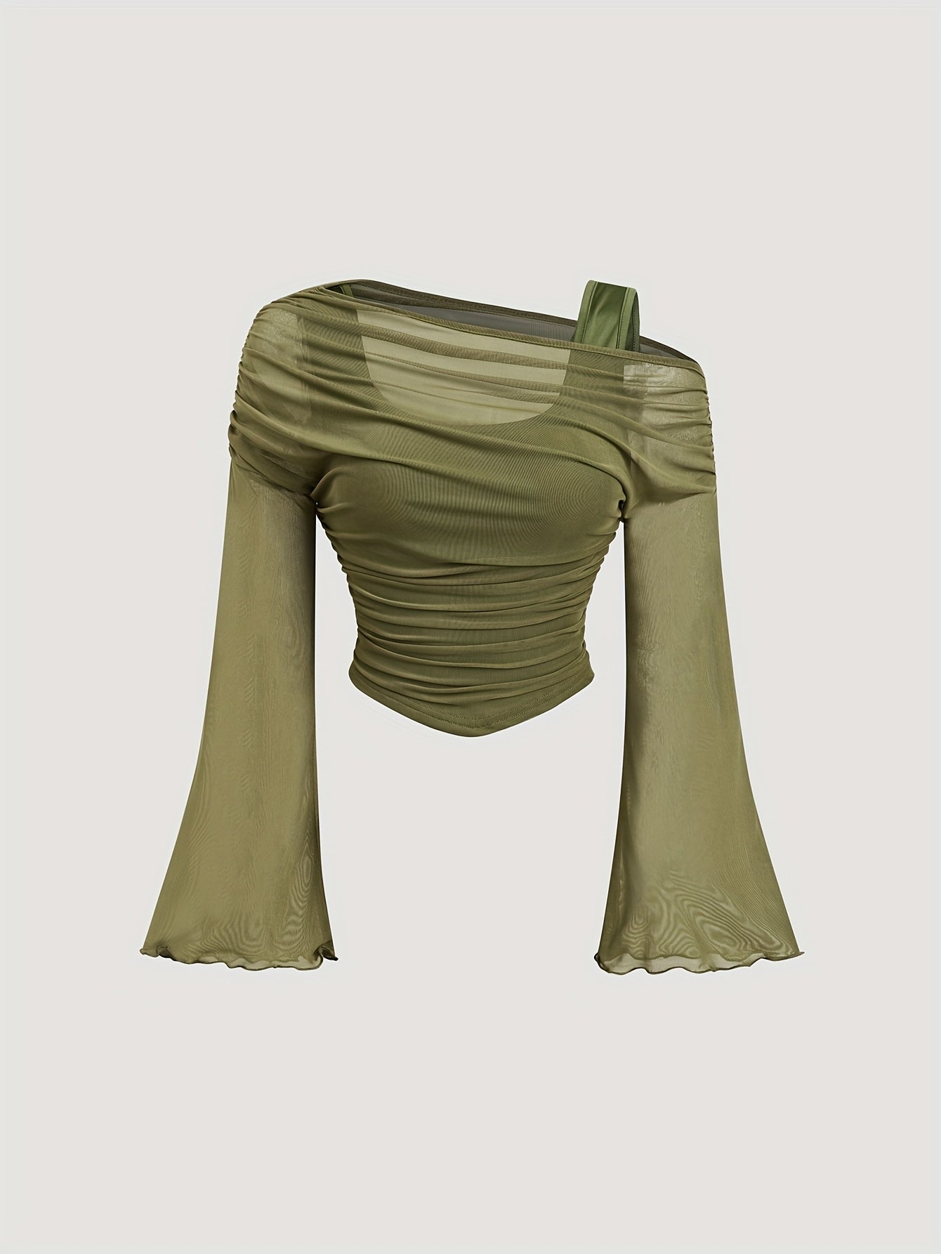 1pc Women'S Sexy Asymmetrical Shoulder Sheer Mesh 2-in-1 Bell Sleeve Top, Solid Color Knit Fabric Short Length T-Shirt for Spring/Summer/Fall