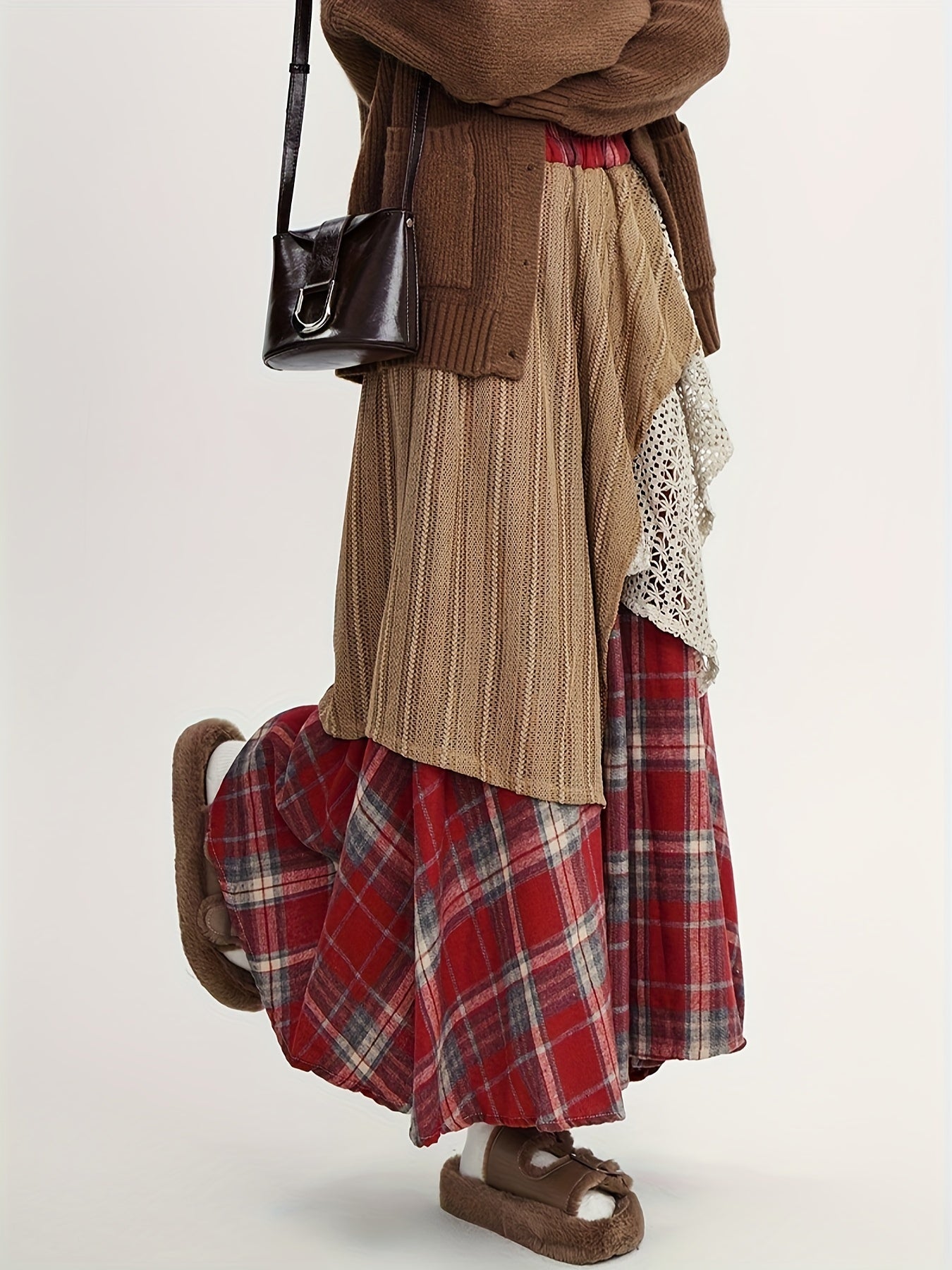 Women'S Asymmetrical A-Line Long Skirt, Fall/Winter Collection, Color Block Tribal Plaid Pattern, Elastic Waist, Regular Fit, Rayon/Viscose Blend (50% Rayon, 50% Polyester), Woven, with Belt Option